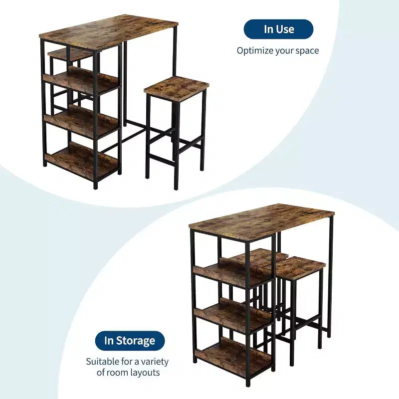 Ensemble de table de cuisine 3 pièces avec étagères de rangement, table à manger peu encombrante et 2 tabourets pour petits espaces cuisine salle à manger restaurant