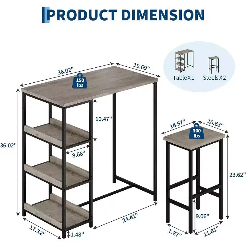 Ensemble de table de cuisine 3 pièces avec étagères de rangement, table à manger peu encombrante et 2 tabourets pour petits espaces cuisine salle à manger restaurant