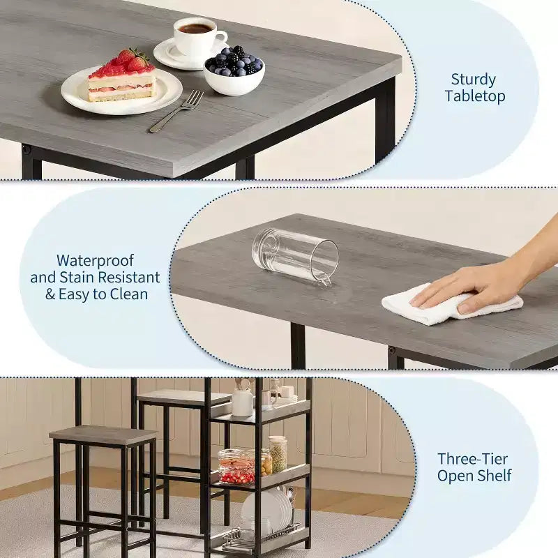 Ensemble de table de cuisine 3 pièces avec étagères de rangement, table à manger peu encombrante et 2 tabourets pour petits espaces cuisine salle à manger restaurant