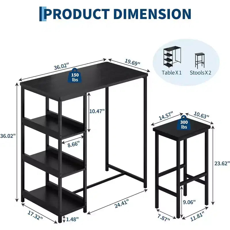 Ensemble de table de cuisine 3 pièces avec étagères de rangement, table à manger peu encombrante et 2 tabourets pour petits espaces cuisine salle à manger restaurant