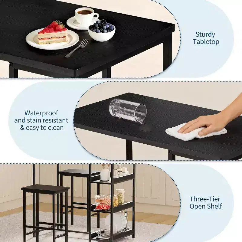 Ensemble de table de cuisine 3 pièces avec étagères de rangement, table à manger peu encombrante et 2 tabourets pour petits espaces cuisine salle à manger restaurant