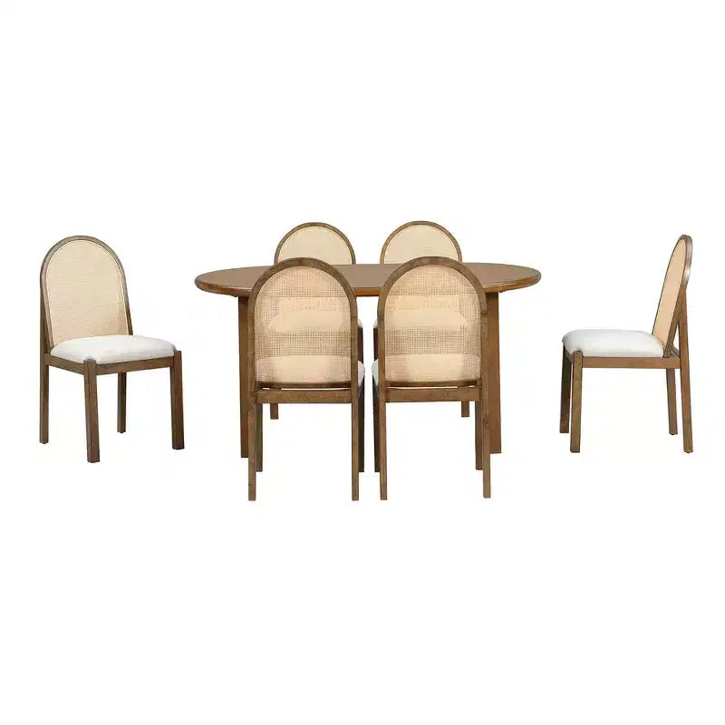 Ensemble de salle à manger 7 pièces Whisen de style rustique, meubles de cuisine en bois pour 6 personnes, table ovale et 6 chaises en rotin