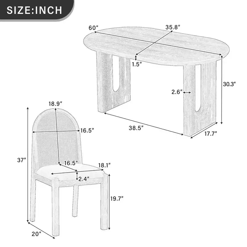 Ensemble de salle à manger 7 pièces Whisen de style rustique, meubles de cuisine en bois pour 6 personnes, table ovale et 6 chaises en rotin
