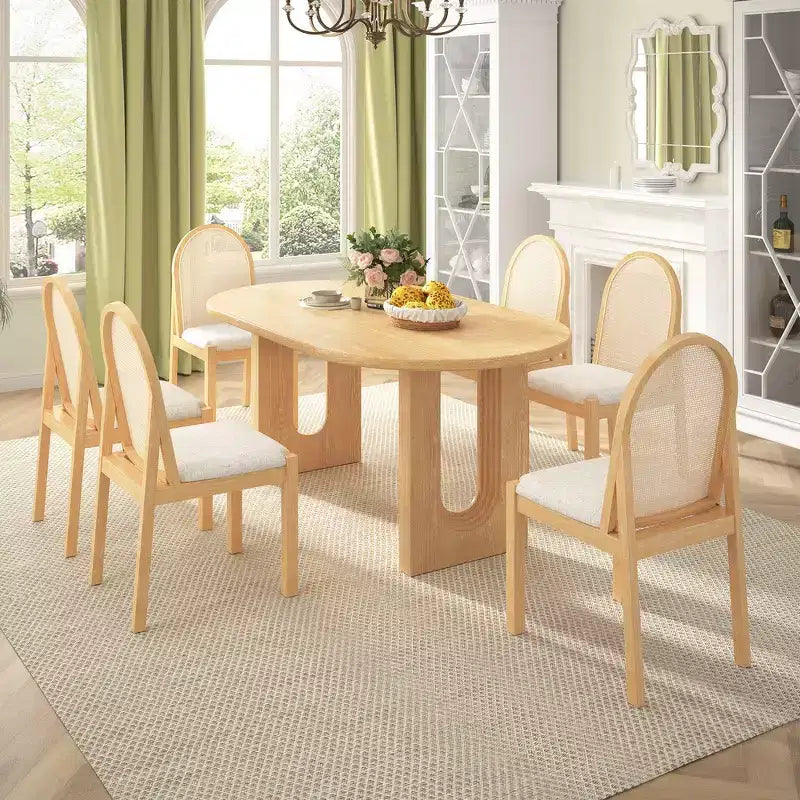 Ensemble de salle à manger 7 pièces Whisen de style rustique, meubles de cuisine en bois pour 6 personnes, table ovale et 6 chaises en rotin