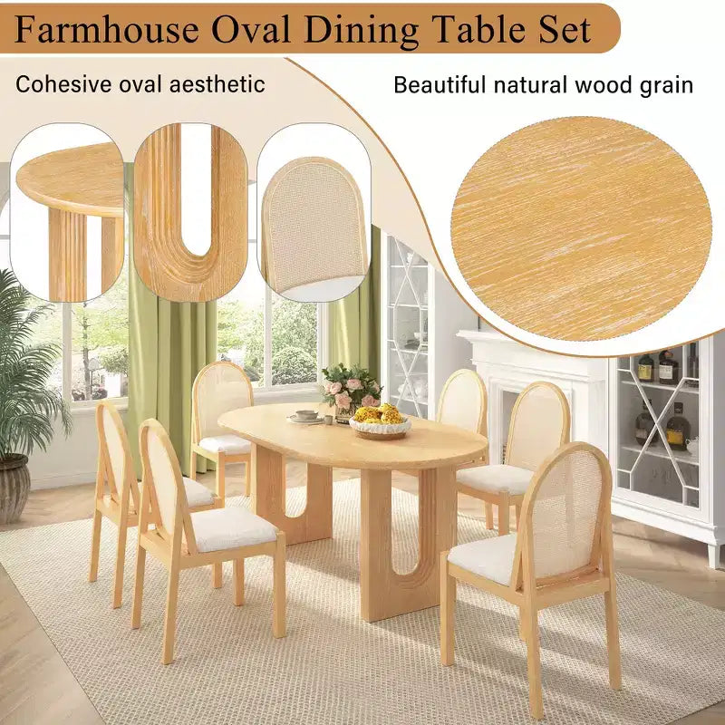 Ensemble de salle à manger 7 pièces Whisen de style rustique, meubles de cuisine en bois pour 6 personnes, table ovale et 6 chaises en rotin