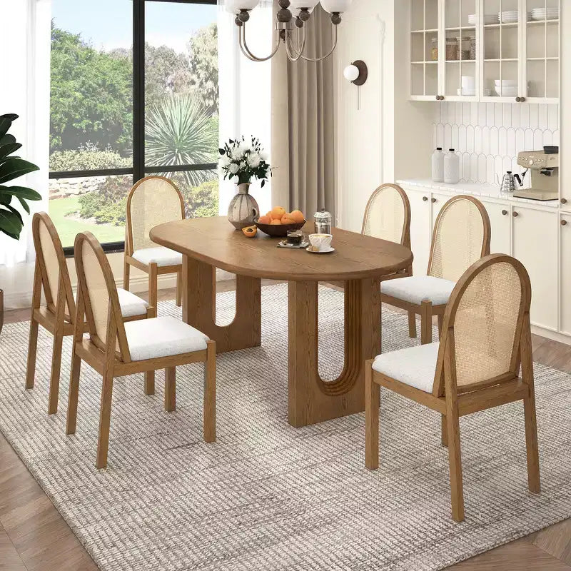 Ensemble de salle à manger 7 pièces Whisen de style rustique, meubles de cuisine en bois pour 6 personnes, table ovale et 6 chaises en rotin
