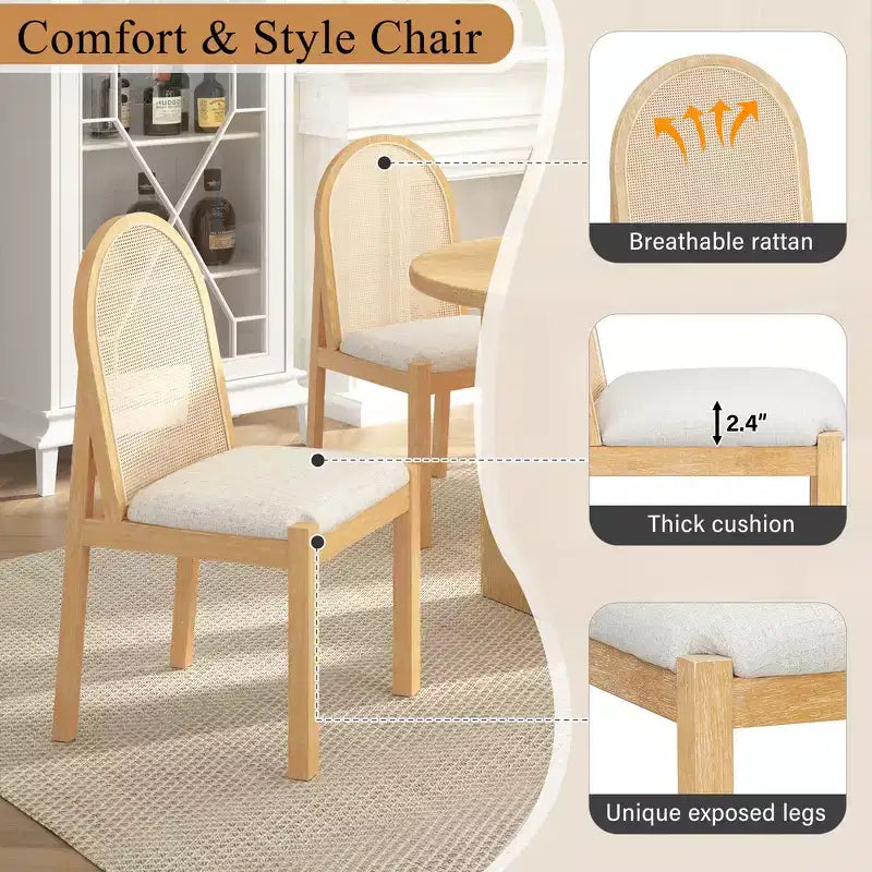 Ensemble de salle à manger 7 pièces Whisen de style rustique, meubles de cuisine en bois pour 6 personnes, table ovale et 6 chaises en rotin