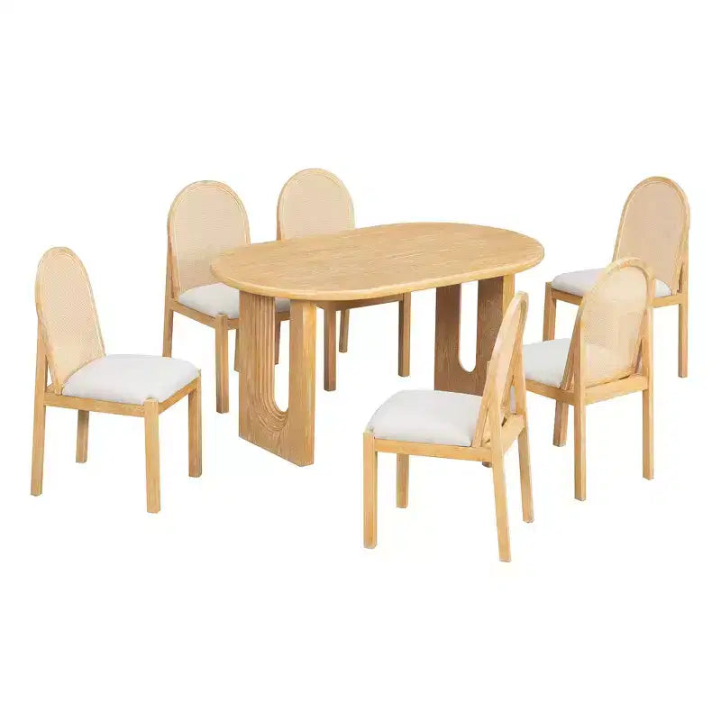 Ensemble de salle à manger 7 pièces Whisen de style rustique, meubles de cuisine en bois pour 6 personnes, table ovale et 6 chaises en rotin