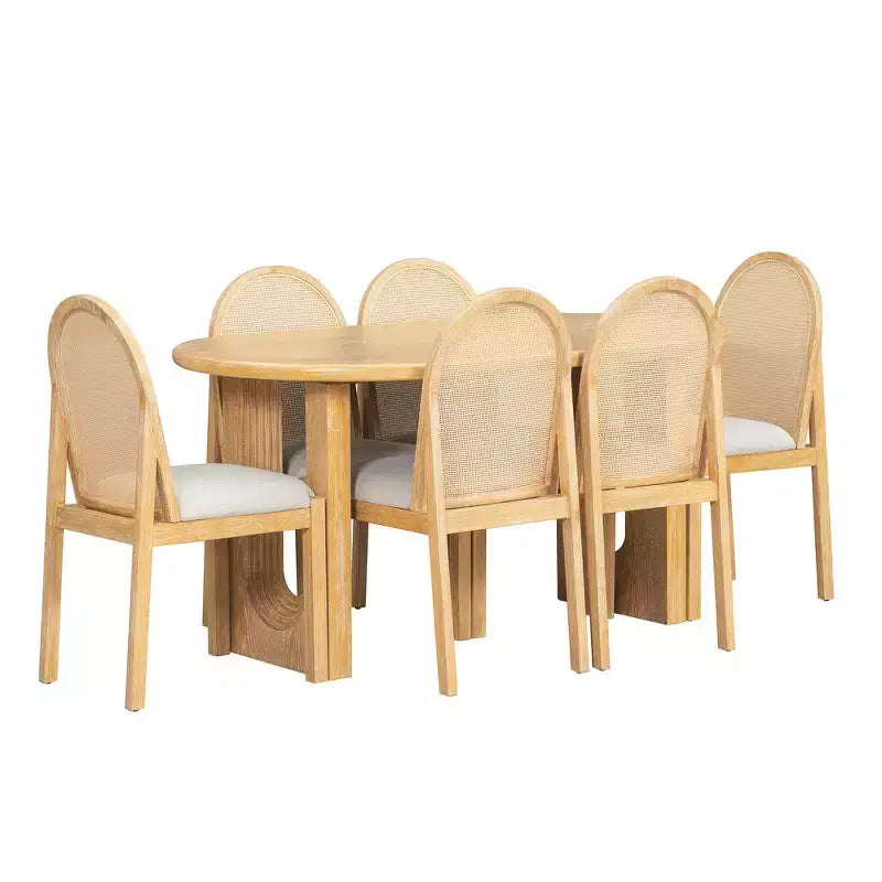 Ensemble de salle à manger 7 pièces Whisen de style rustique, meubles de cuisine en bois pour 6 personnes, table ovale et 6 chaises en rotin