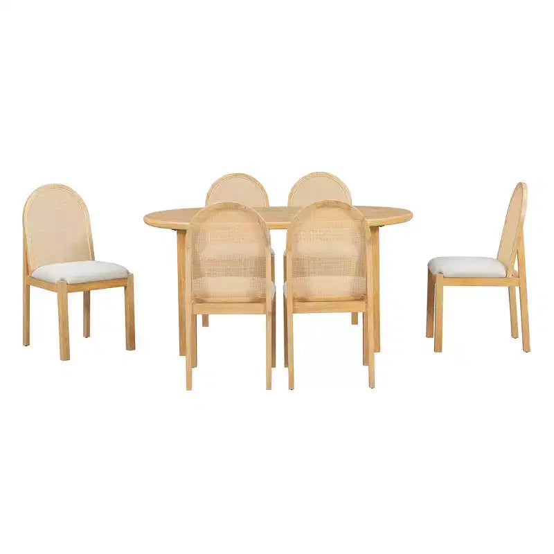 Ensemble de salle à manger 7 pièces Whisen de style rustique, meubles de cuisine en bois pour 6 personnes, table ovale et 6 chaises en rotin