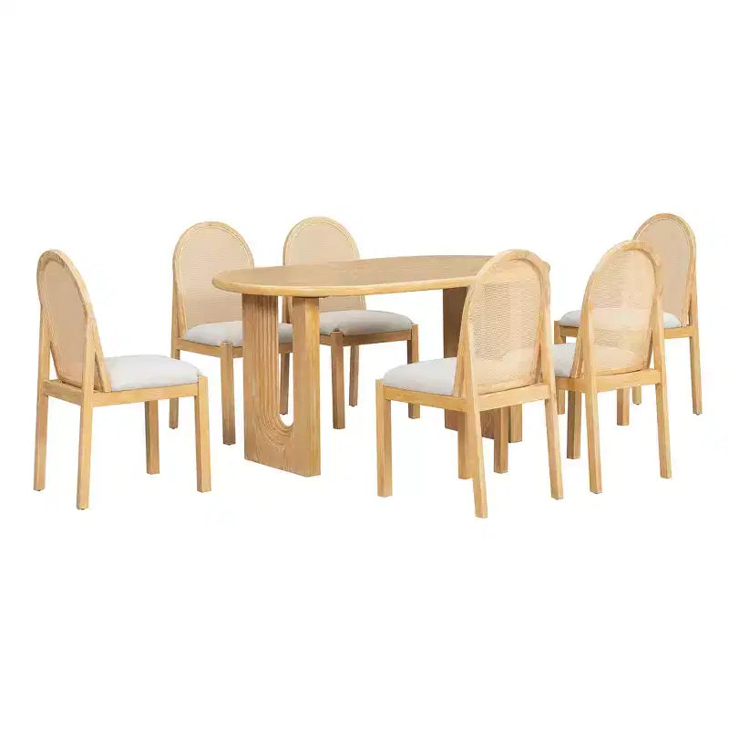 Ensemble de salle à manger 7 pièces Whisen de style rustique, meubles de cuisine en bois pour 6 personnes, table ovale et 6 chaises en rotin