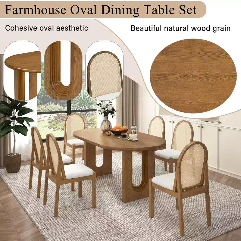 Ensemble de salle à manger 7 pièces Whisen de style rustique, meubles de cuisine en bois pour 6 personnes, table ovale et 6 chaises en rotin