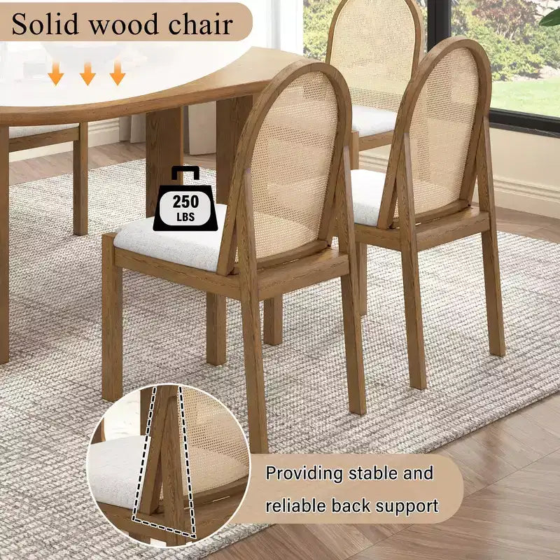 Ensemble de salle à manger 7 pièces Whisen de style rustique, meubles de cuisine en bois pour 6 personnes, table ovale et 6 chaises en rotin