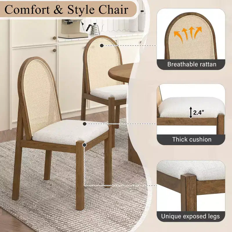 Ensemble de salle à manger 7 pièces Whisen de style rustique, meubles de cuisine en bois pour 6 personnes, table ovale et 6 chaises en rotin