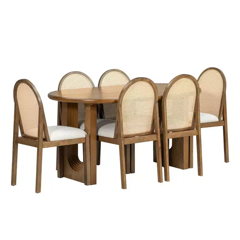 Ensemble de salle à manger 7 pièces Whisen de style rustique, meubles de cuisine en bois pour 6 personnes, table ovale et 6 chaises en rotin