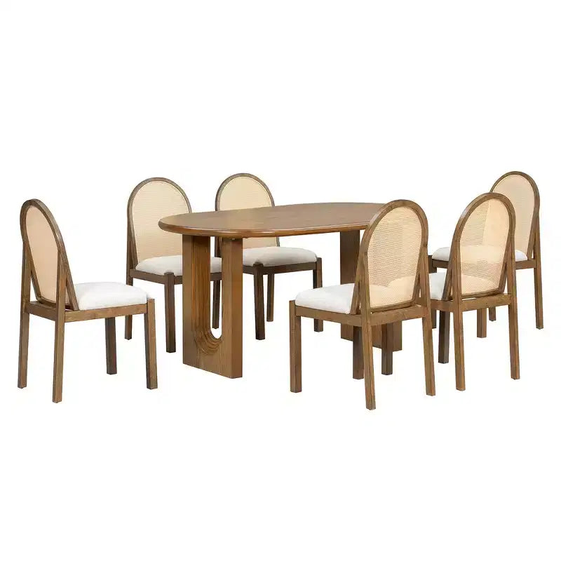 Ensemble de salle à manger 7 pièces Whisen de style rustique, meubles de cuisine en bois pour 6 personnes, table ovale et 6 chaises en rotin