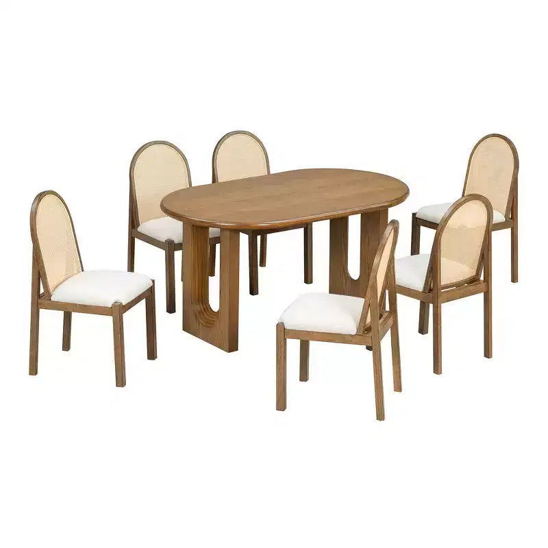 Ensemble de salle à manger 7 pièces Whisen de style rustique, meubles de cuisine en bois pour 6 personnes, table ovale et 6 chaises en rotin