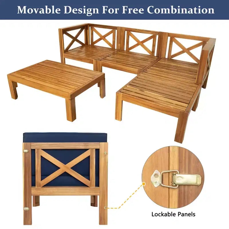 GDFStudio Danna Ensemble de canapé sectionnel extérieur 5 pièces en bois d'acacia avec table et coussins