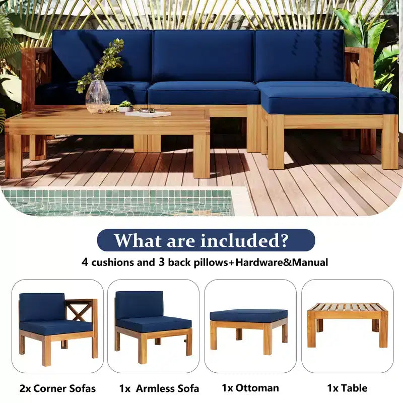 GDFStudio Danna Ensemble de canapé sectionnel extérieur 5 pièces en bois d'acacia avec table et coussins