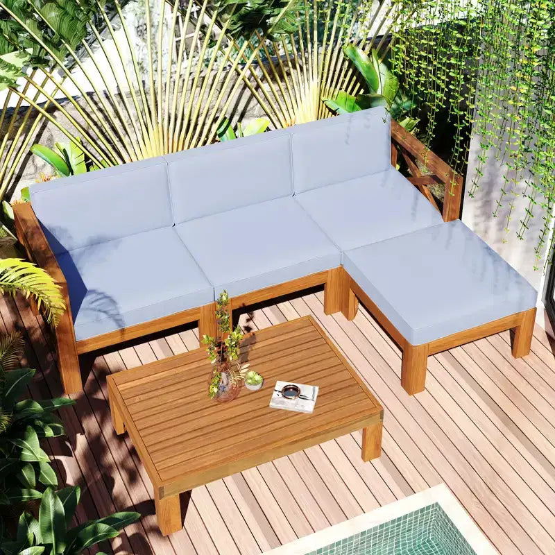 GDFStudio Danna Ensemble de canapé sectionnel extérieur 5 pièces en bois d'acacia avec table et coussins