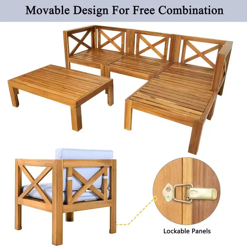GDFStudio Danna Ensemble de canapé sectionnel extérieur 5 pièces en bois d'acacia avec table et coussins