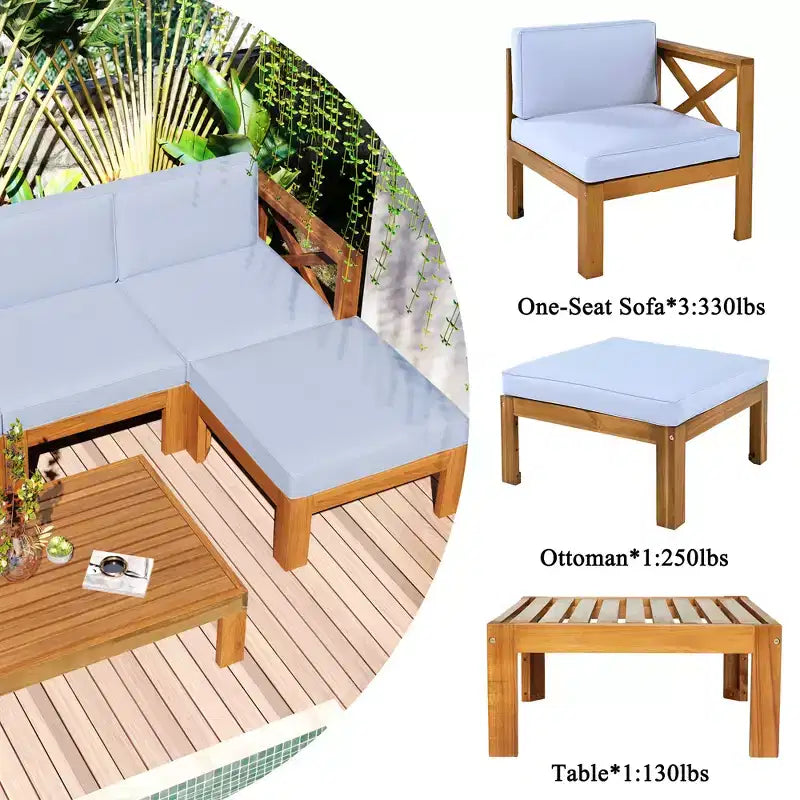 GDFStudio Danna Ensemble de canapé sectionnel extérieur 5 pièces en bois d'acacia avec table et coussins