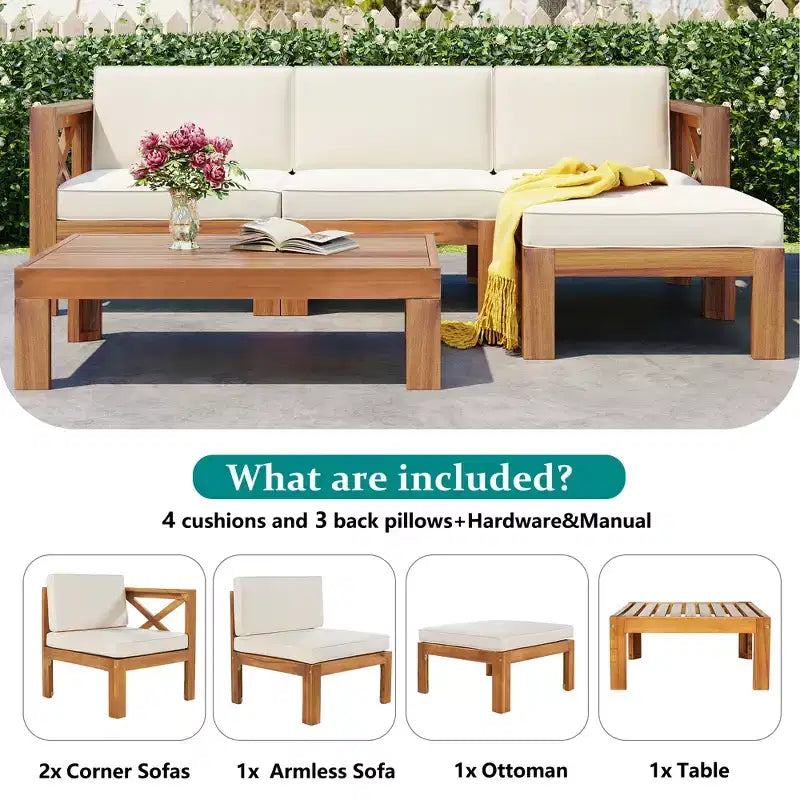 GDFStudio Danna Ensemble de canapé sectionnel extérieur 5 pièces en bois d'acacia avec table et coussins