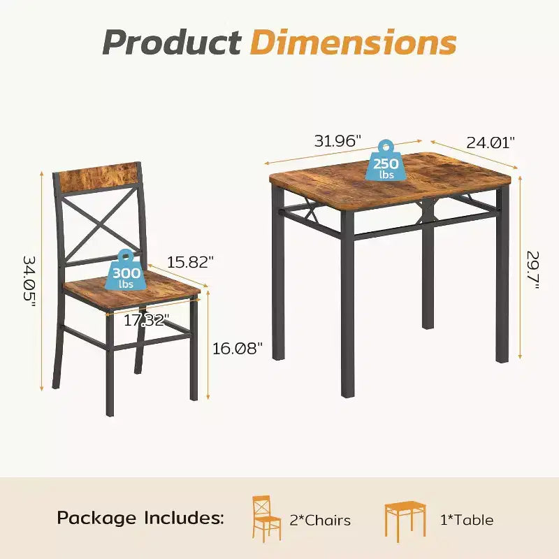 Ensemble de salle à manger 3 pièces Zevemomo pour 2 personnes avec petite table et 2 chaises à dossier incurvé pour petit appartement, cuisine, marron