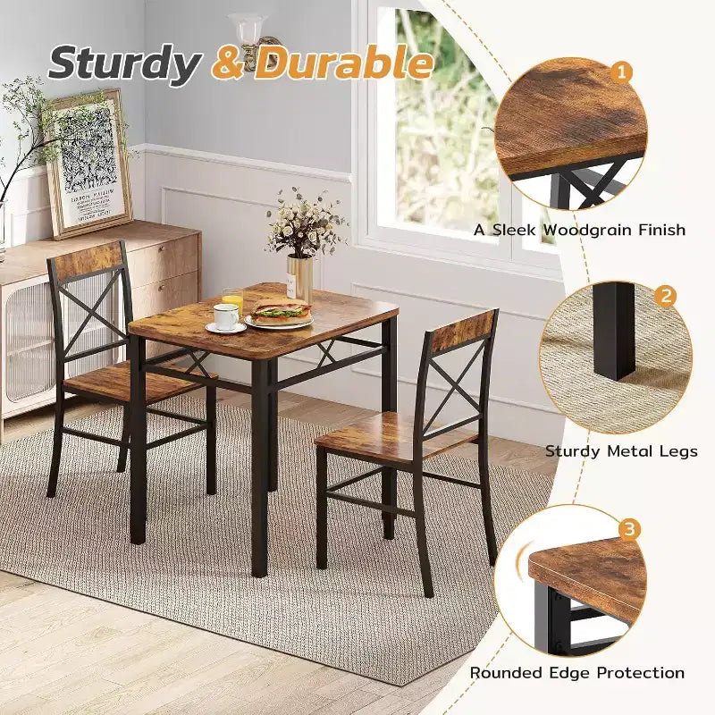 Ensemble de salle à manger 3 pièces Zevemomo pour 2 personnes avec petite table et 2 chaises à dossier incurvé pour petit appartement, cuisine, marron