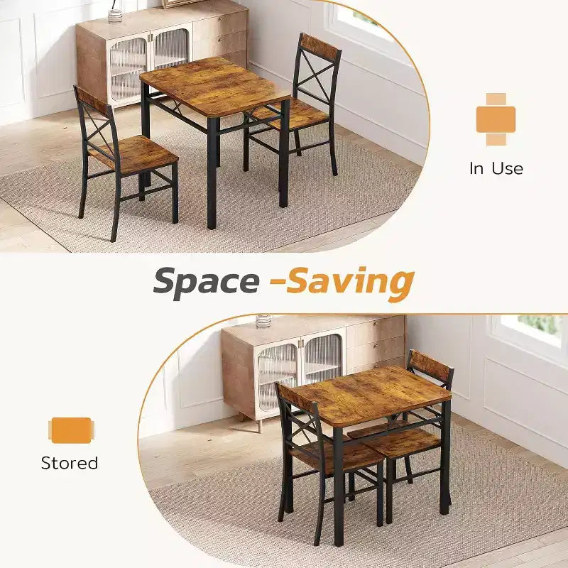 Ensemble de salle à manger 3 pièces Zevemomo pour 2 personnes avec petite table et 2 chaises à dossier incurvé pour petit appartement, cuisine, marron