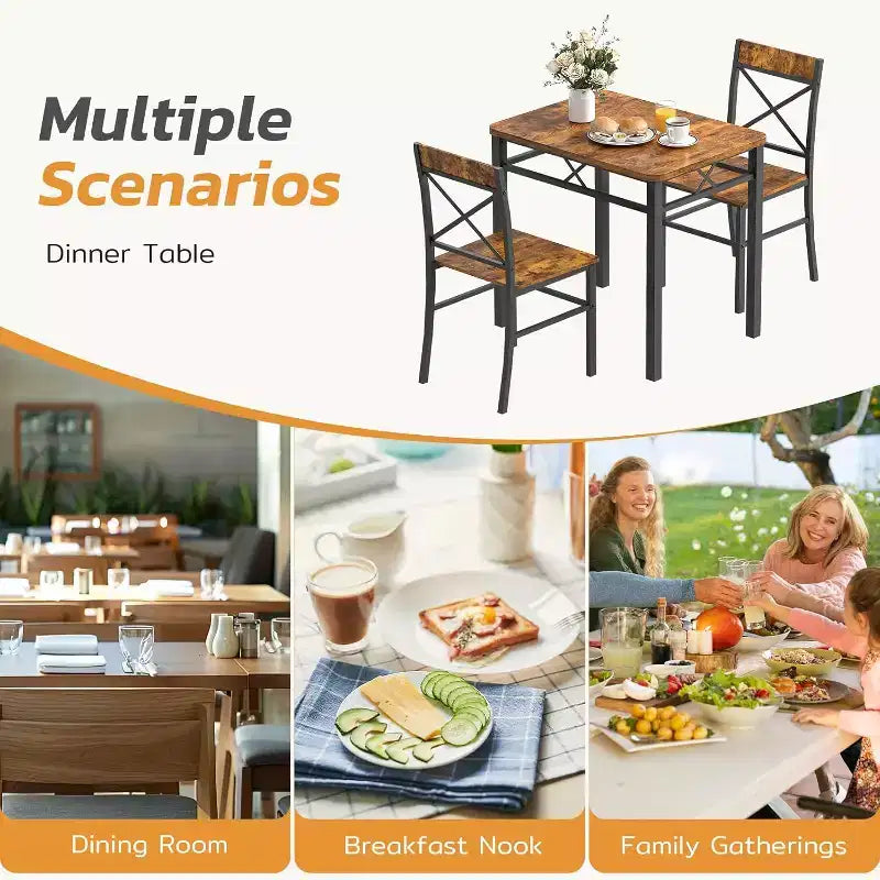 Ensemble de salle à manger 3 pièces Zevemomo pour 2 personnes avec petite table et 2 chaises à dossier incurvé pour petit appartement, cuisine, marron