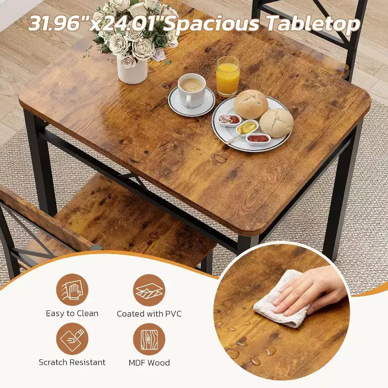 Ensemble de salle à manger 3 pièces Zevemomo pour 2 personnes avec petite table et 2 chaises à dossier incurvé pour petit appartement, cuisine, marron