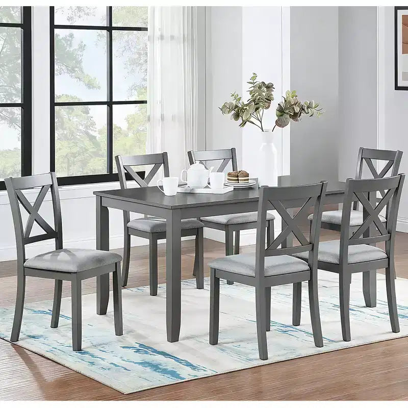 GDFStudio Loren Modern 7-Piece Solid Wood Upholstered Dining Table and Chairs Set