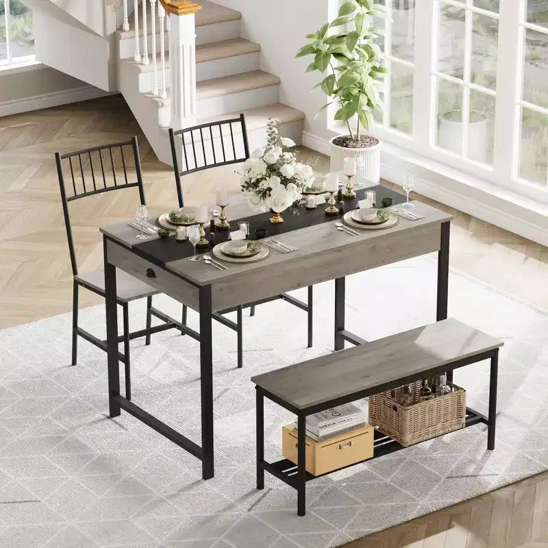Ensemble de salle à manger 4 pièces avec 2 chaises et 1 banc (table rectangulaire avec deux tiroirs) - Idéal pour la cuisine, la salle à manger ou le jardin
