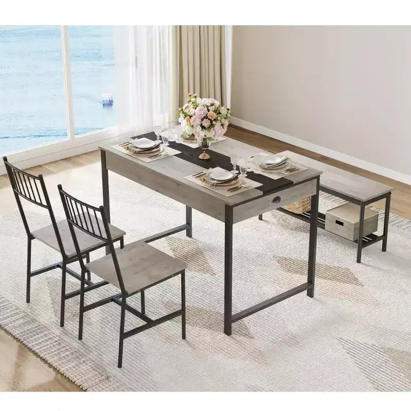 Ensemble de salle à manger 4 pièces avec 2 chaises et 1 banc (table rectangulaire avec deux tiroirs) - Idéal pour la cuisine, la salle à manger ou le jardin