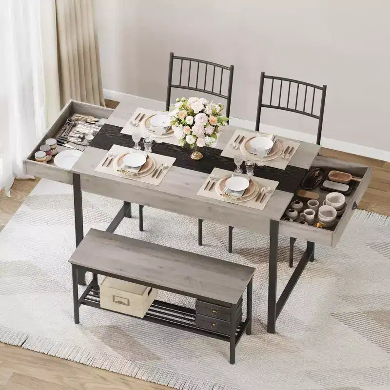 Ensemble de salle à manger 4 pièces avec 2 chaises et 1 banc (table rectangulaire avec deux tiroirs) - Idéal pour la cuisine, la salle à manger ou le jardin