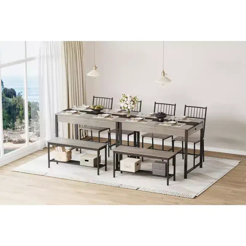 Ensemble de salle à manger 4 pièces avec 2 chaises et 1 banc (table rectangulaire avec deux tiroirs) - Idéal pour la cuisine, la salle à manger ou le jardin