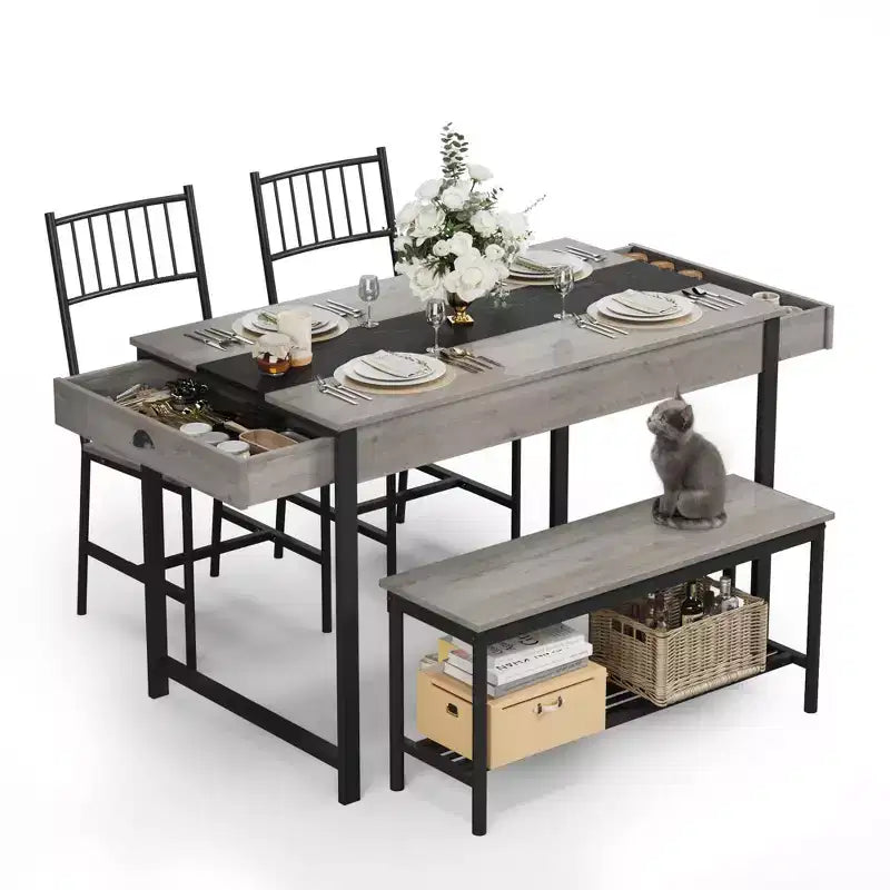 Ensemble de salle à manger 4 pièces avec 2 chaises et 1 banc (table rectangulaire avec deux tiroirs) - Idéal pour la cuisine, la salle à manger ou le jardin