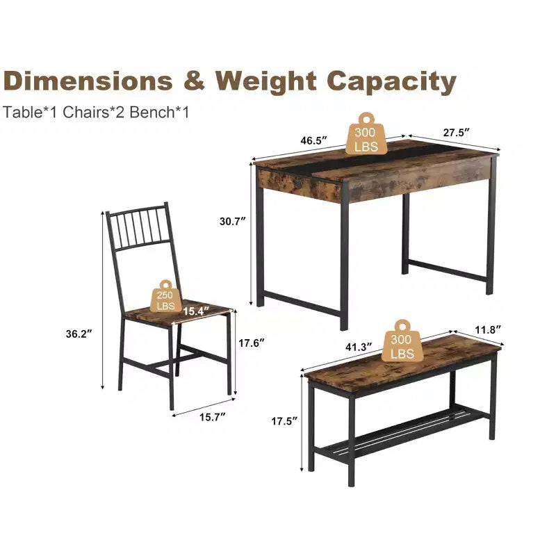 Ensemble de salle à manger 4 pièces avec 2 chaises et 1 banc (table rectangulaire avec deux tiroirs) - Idéal pour la cuisine, la salle à manger ou le jardin
