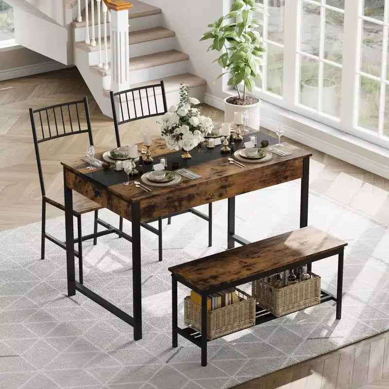 Ensemble de salle à manger 4 pièces avec 2 chaises et 1 banc (table rectangulaire avec deux tiroirs) - Idéal pour la cuisine, la salle à manger ou le jardin