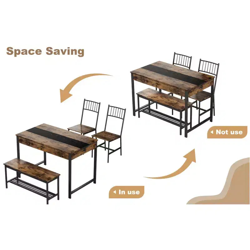 Ensemble de salle à manger 4 pièces avec 2 chaises et 1 banc (table rectangulaire avec deux tiroirs) - Idéal pour la cuisine, la salle à manger ou le jardin