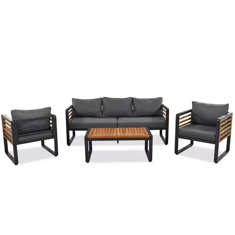 Ensemble de conversation d'extérieur 4 pièces pour 5 personnes, canapé en métal avec coussins et table basse en bois d'acacia pour jardin, cour - Panipeachy