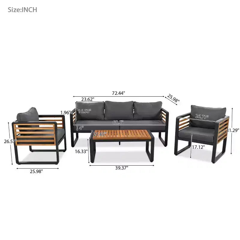 Ensemble de conversation d'extérieur 4 pièces pour 5 personnes, canapé en métal avec coussins et table basse en bois d'acacia pour jardin, cour - Panipeachy