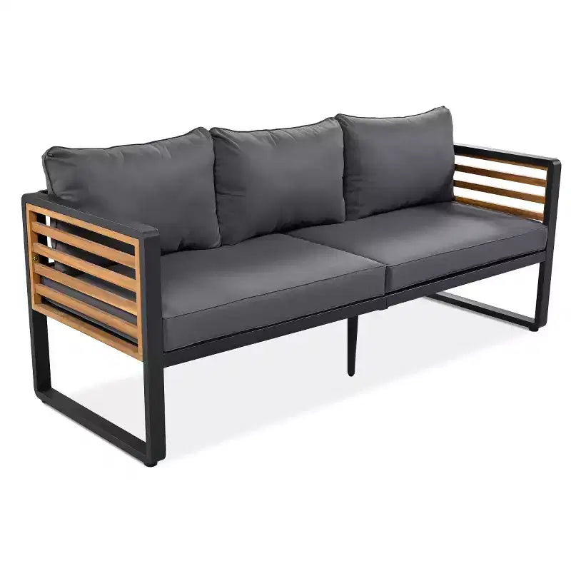 Ensemble de conversation d'extérieur 4 pièces pour 5 personnes, canapé en métal avec coussins et table basse en bois d'acacia pour jardin, cour - Panipeachy