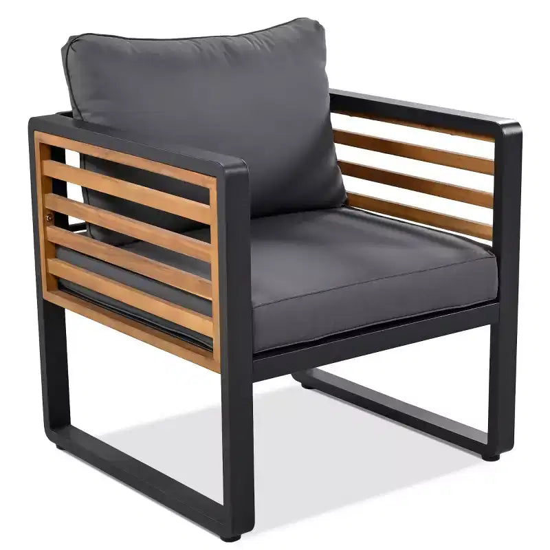 Ensemble de conversation d'extérieur 4 pièces pour 5 personnes, canapé en métal avec coussins et table basse en bois d'acacia pour jardin, cour - Panipeachy