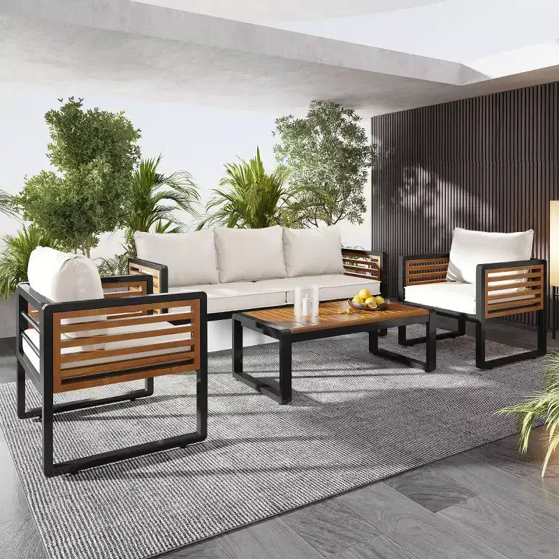 Ensemble de conversation d'extérieur 4 pièces pour 5 personnes, canapé en métal avec coussins et table basse en bois d'acacia pour jardin, cour - Panipeachy