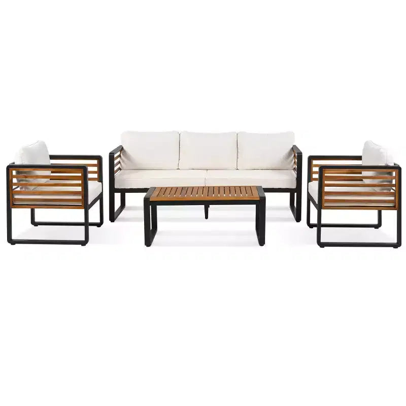 Ensemble de conversation d'extérieur 4 pièces pour 5 personnes, canapé en métal avec coussins et table basse en bois d'acacia pour jardin, cour - Panipeachy