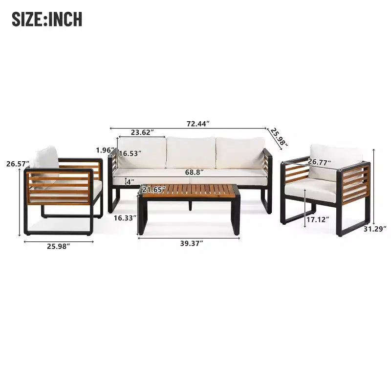 Ensemble de conversation d'extérieur 4 pièces pour 5 personnes, canapé en métal avec coussins et table basse en bois d'acacia pour jardin, cour - Panipeachy