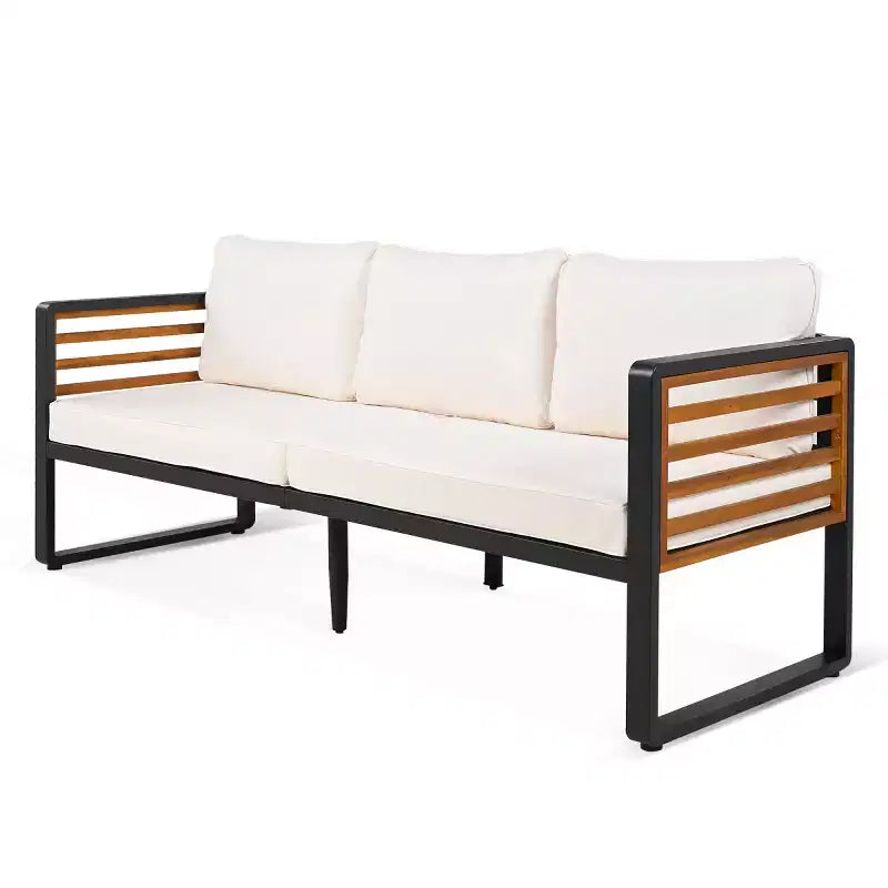 Ensemble de conversation d'extérieur 4 pièces pour 5 personnes, canapé en métal avec coussins et table basse en bois d'acacia pour jardin, cour - Panipeachy