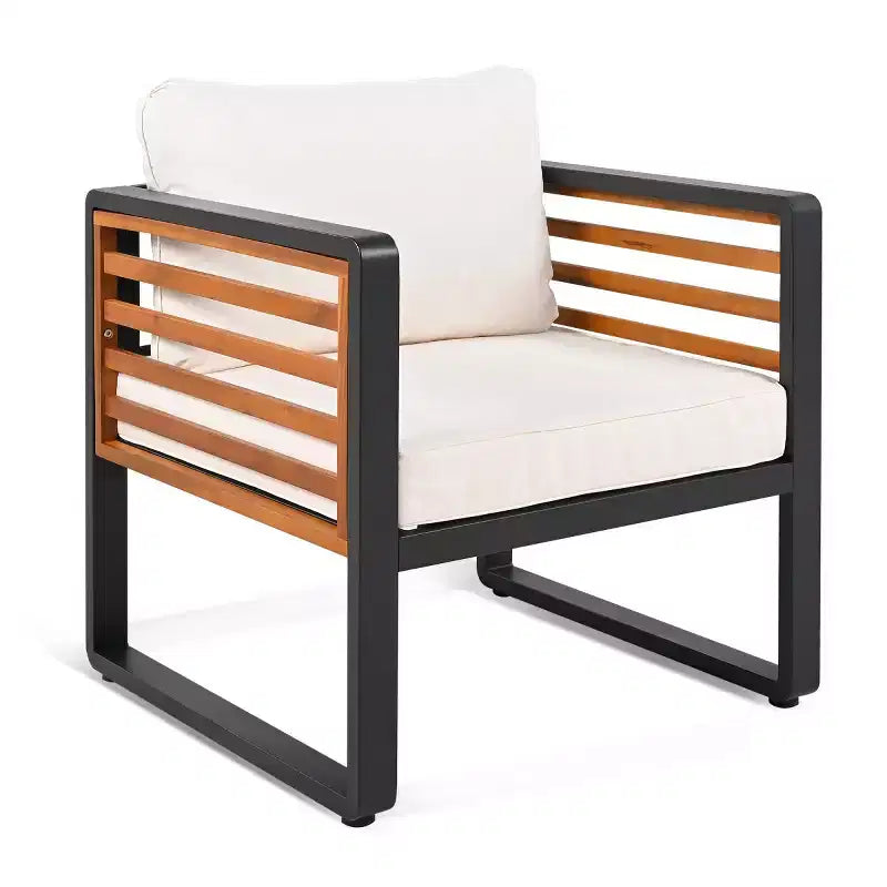 Ensemble de conversation d'extérieur 4 pièces pour 5 personnes, canapé en métal avec coussins et table basse en bois d'acacia pour jardin, cour - Panipeachy